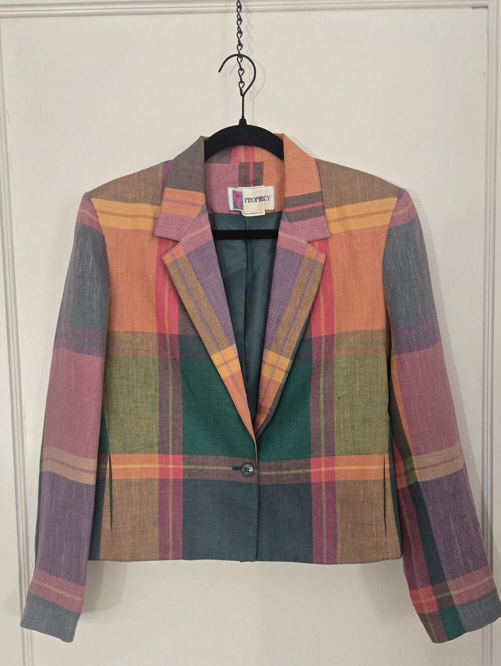 VTG 80s 90s Prophecy Multicolor Plaid Blazer Linen Blend